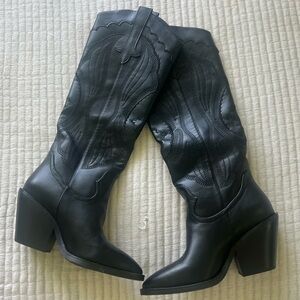 Black Leather Knee-High Western Style Boots